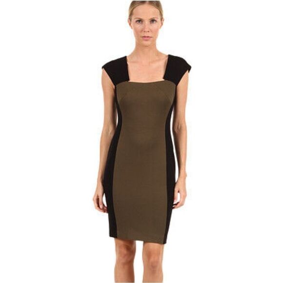 Rachel Roy Elegant Black and Olive Green Ponte Stretch Dress - Picture 1 of 10